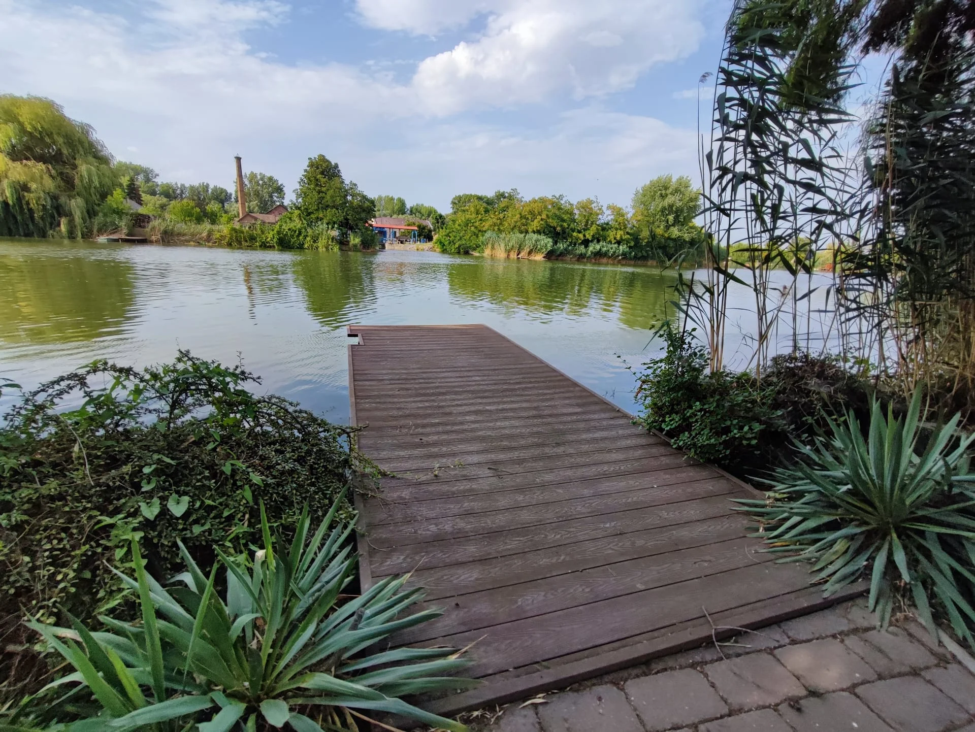 Létrás privát stég a folyóparti kertben horgászáshoz, napozáshoz és úszáshoz